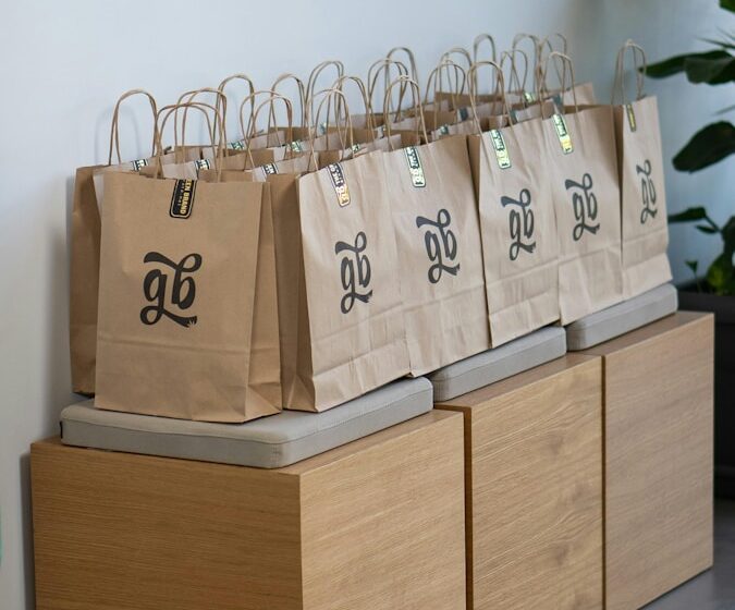A display of bags with numbers on them